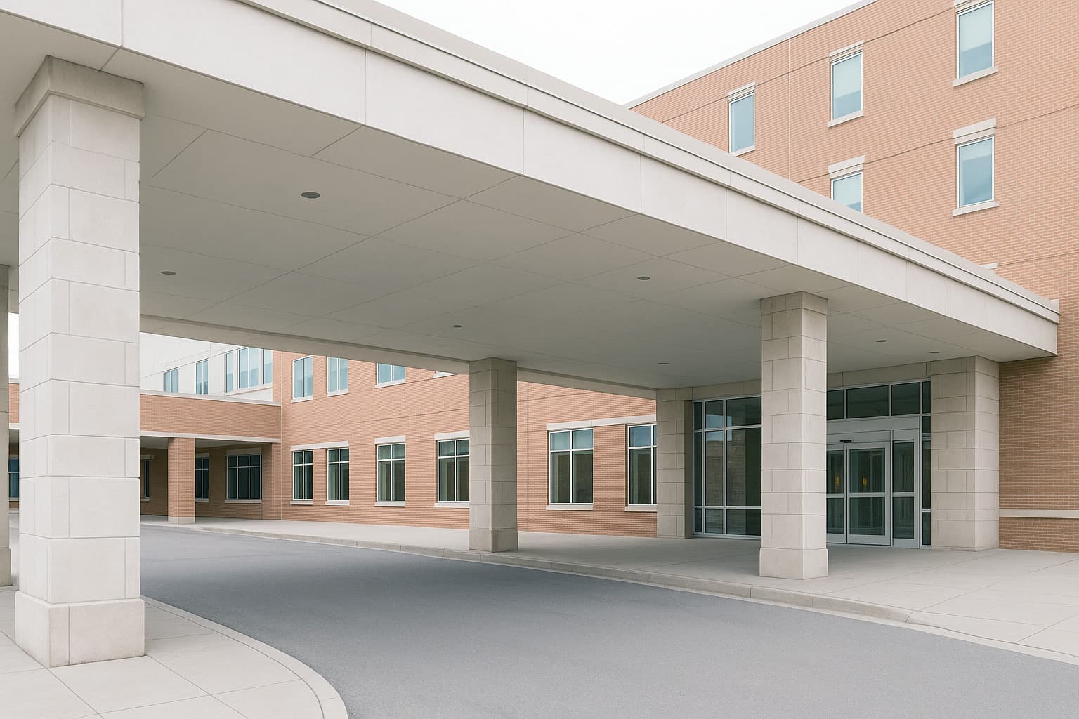 A covered entrance canopy at a brick and limestone building, seen from beneath in flat overcast daylight, the roadway and pavement below it empty.