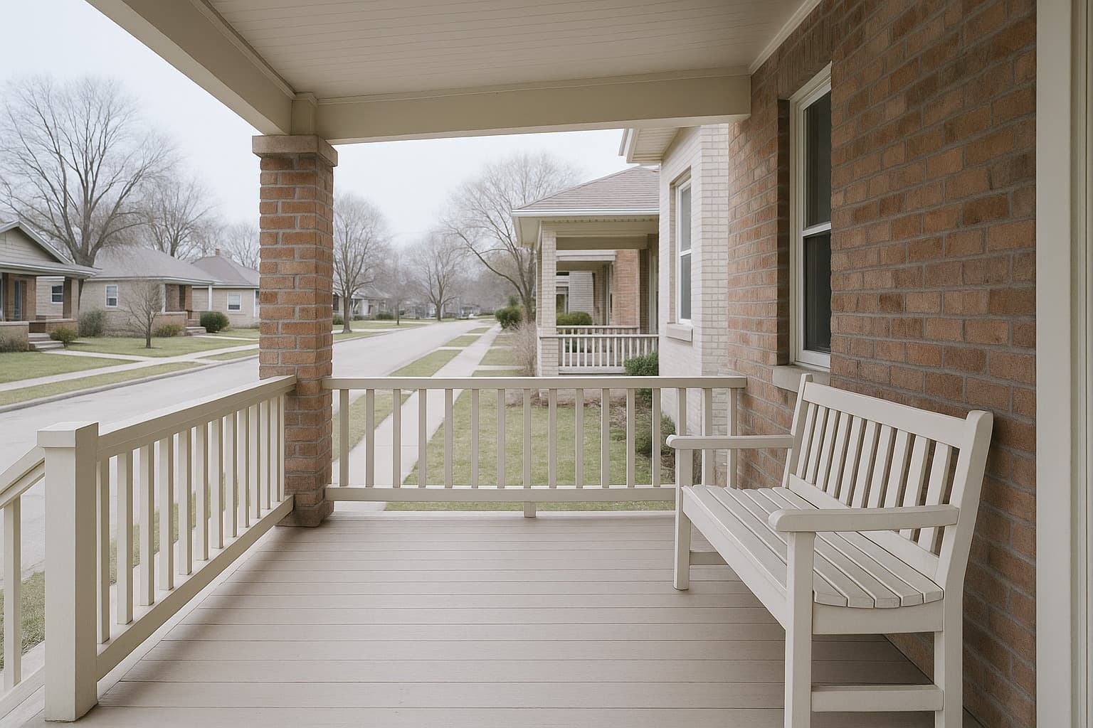 A residential front porch in flat daylight, painted timber boards and a simple railing, an empty bench against the brick wall and a quiet street beyond.