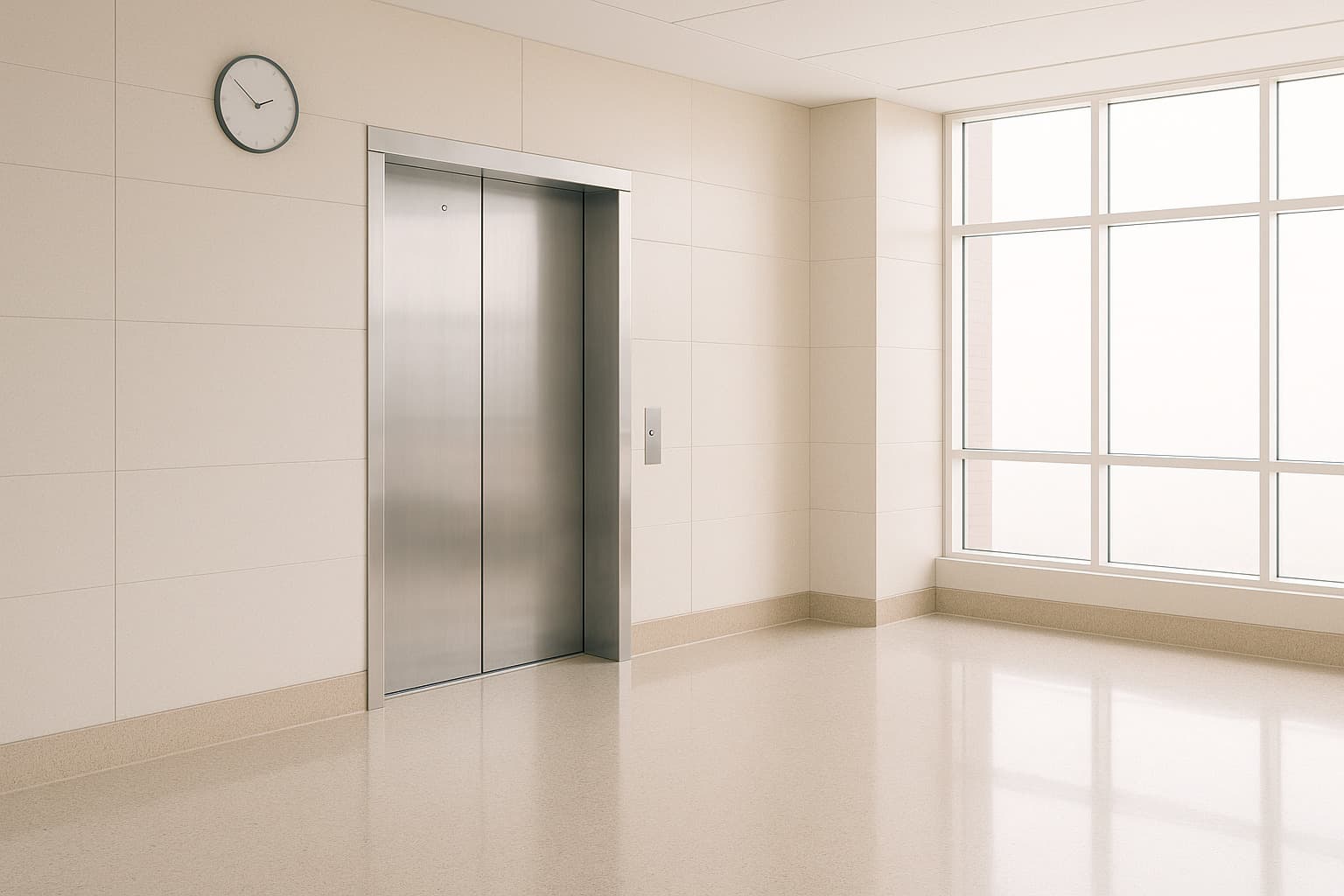 An empty institutional elevator lobby in daylight, brushed metal doors closed, a plain unnumbered clock face on the wall above, a glazed wall to one side.