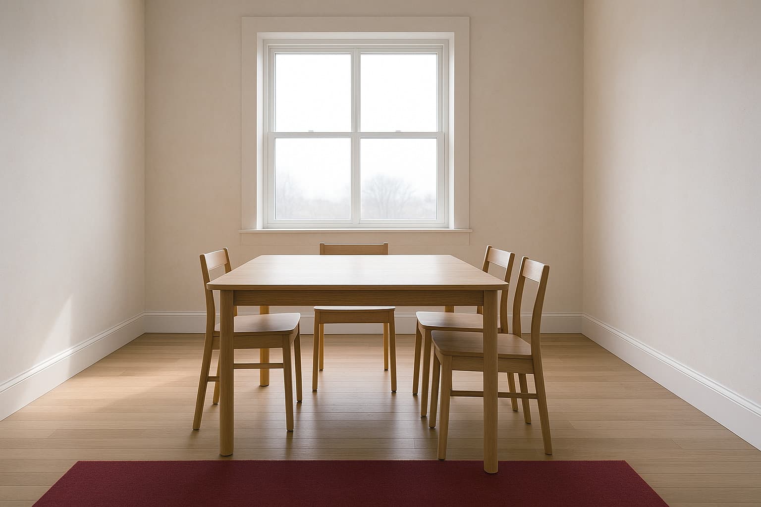 A domestic dining table of pale oak beneath a broad window, four chairs pushed in, morning daylight across the bare tabletop and a deep red runner on the floor beyond.