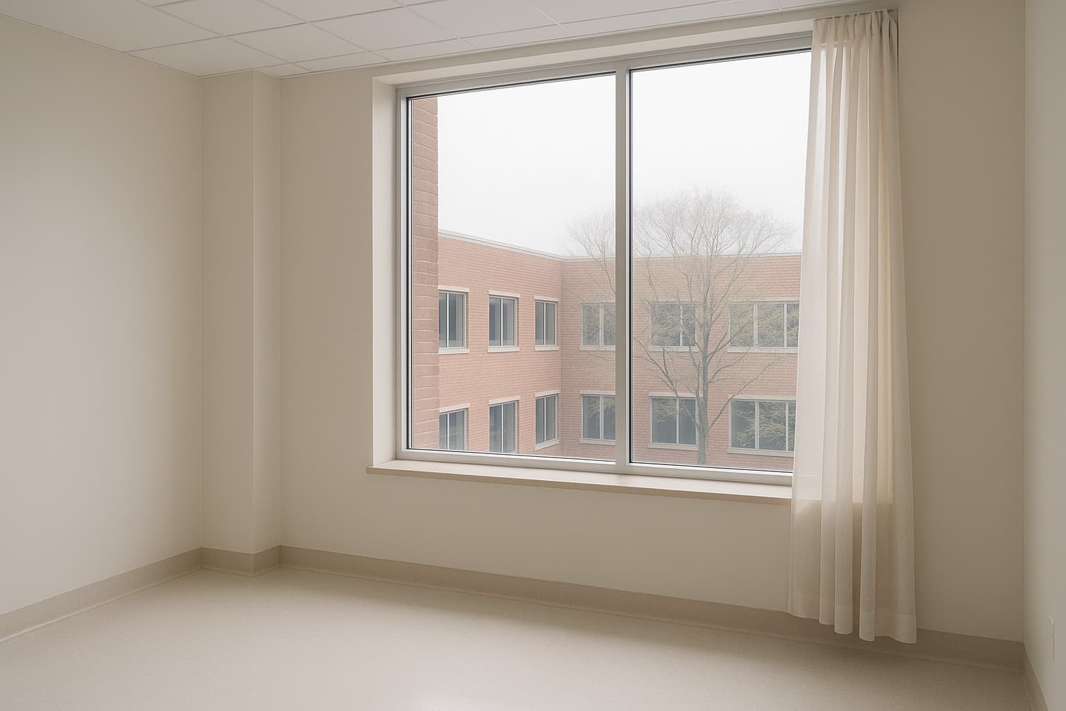 An empty room with a broad window onto a brick courtyard, a sheer curtain drawn back at one side, nothing in the room but daylight.